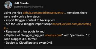 Mastodon post with eleventy migration steps