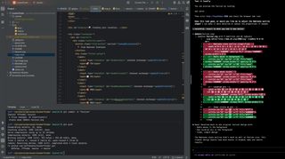 Split screen showing IntelliJ on the left with code, Claude Code terminal on the right