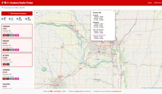 HuskerFinder showing nearby radio stations on an interactive map